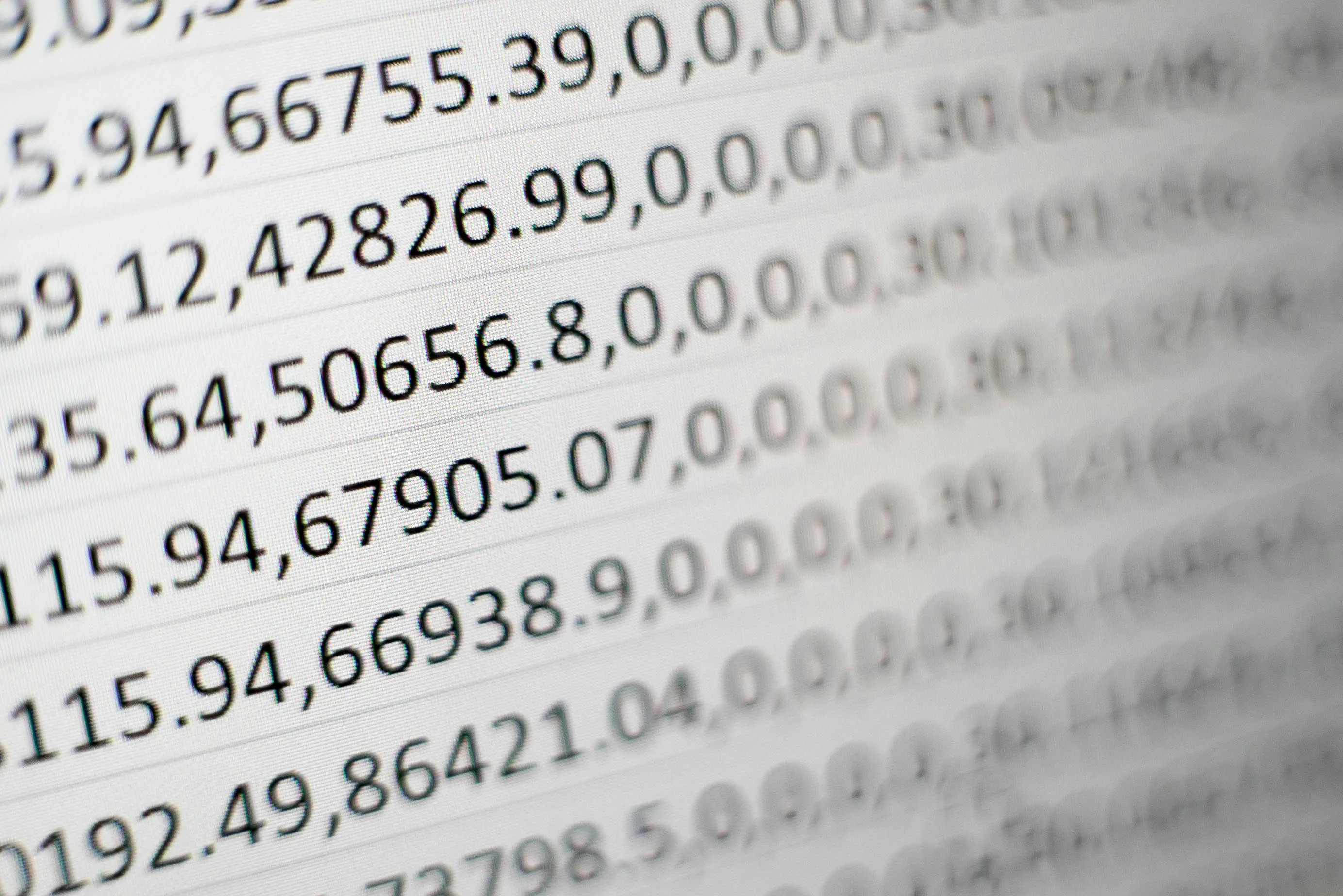 A close-up of a spreadsheet full of numeric data displayed on a screen.