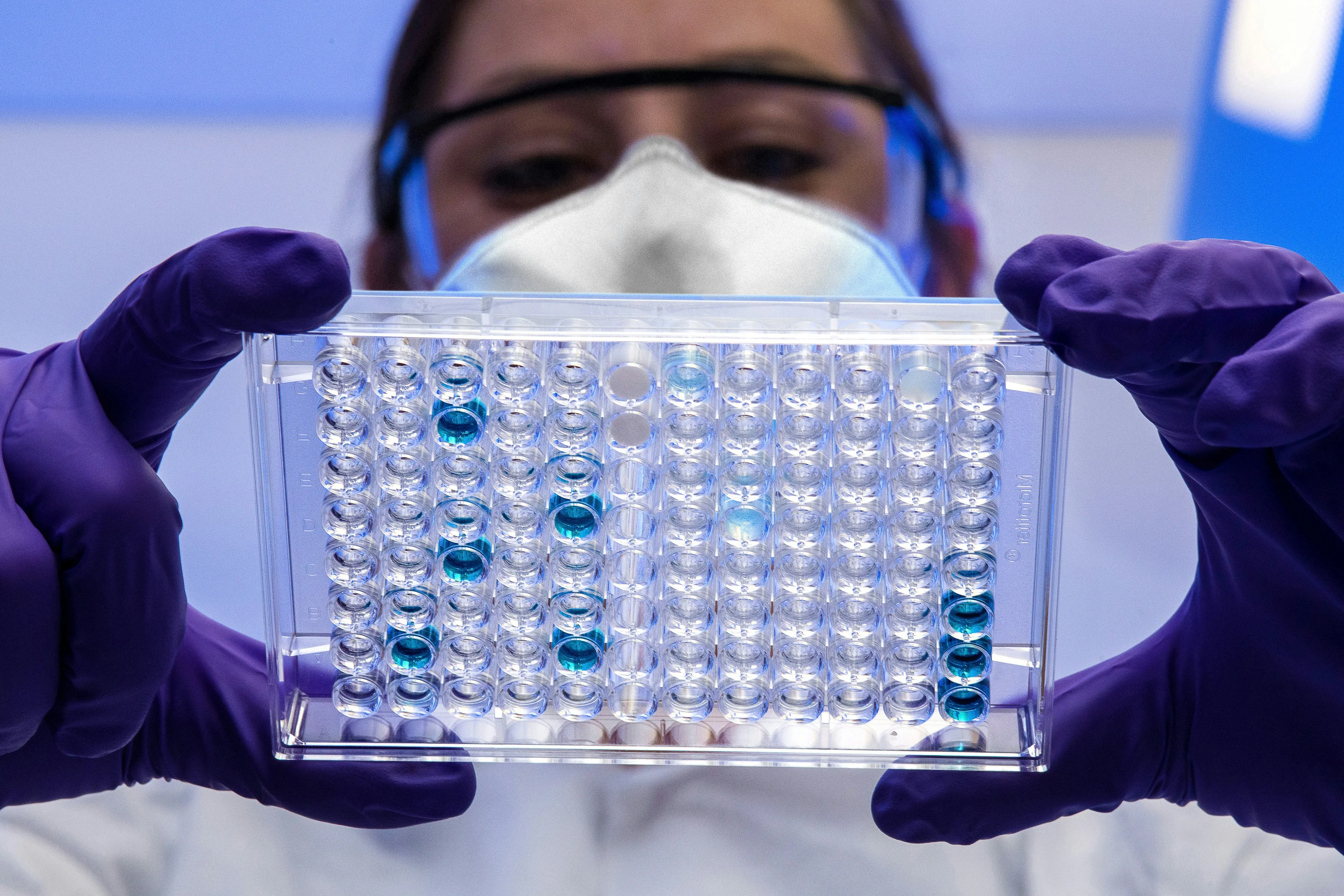 A researcher in a lab coat and face mask holds up a microplate of test samples.